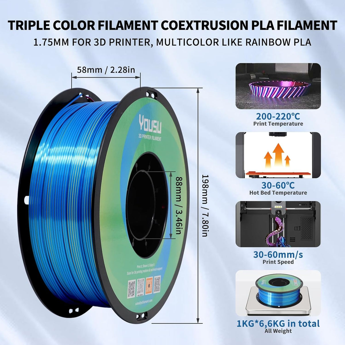 YOUSU 3D Printer Filament Silk PLA Filament Rainbow Color,1.75mm Tri Color PL...
