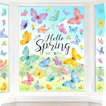 8 Sheets Spring Window Clings Stickers Butterfly Floral Window Decals | Holiday Party Home Office Shop Glass Display Decoration