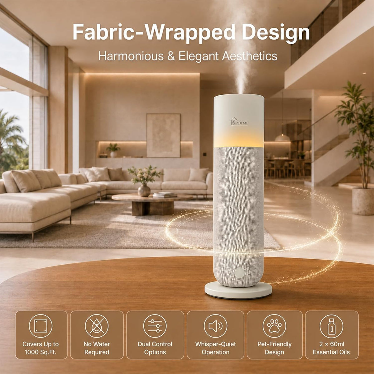 hotel collection diffuser machine,fabric-wrapped design,candlelight atmosphere lamp,1500 sq shown in use