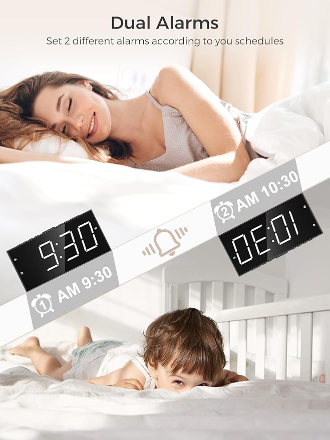 PPLEE Alarm Clock for Bedroom, 2 Alarms Loud LED Big Display Plug in Simple - Image 3