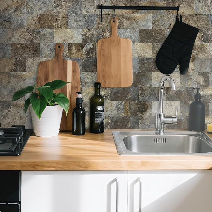 AULIGET 100-Piece Beige & Brown Slate Peel and Stick Backsplash Wall Tiles - Image 8