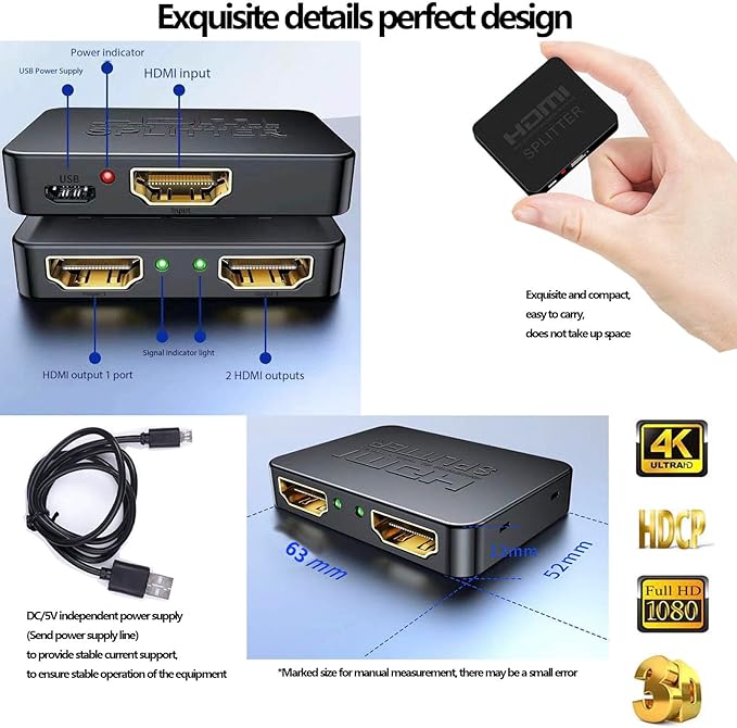 HDMI Splitter 1 in 2 Out【with 3HDMI Cables + 1USB Strip Power Cable 】 1×2 Power - Image 7