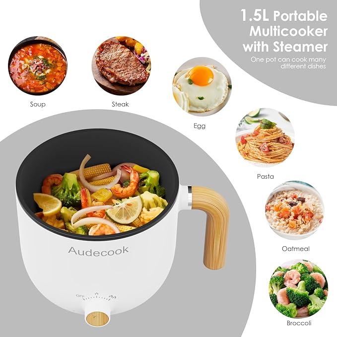 Audecook Hot Pot Electric with Steamer, 1.5L Portable Nonstick Rapid Noodles - Image 2