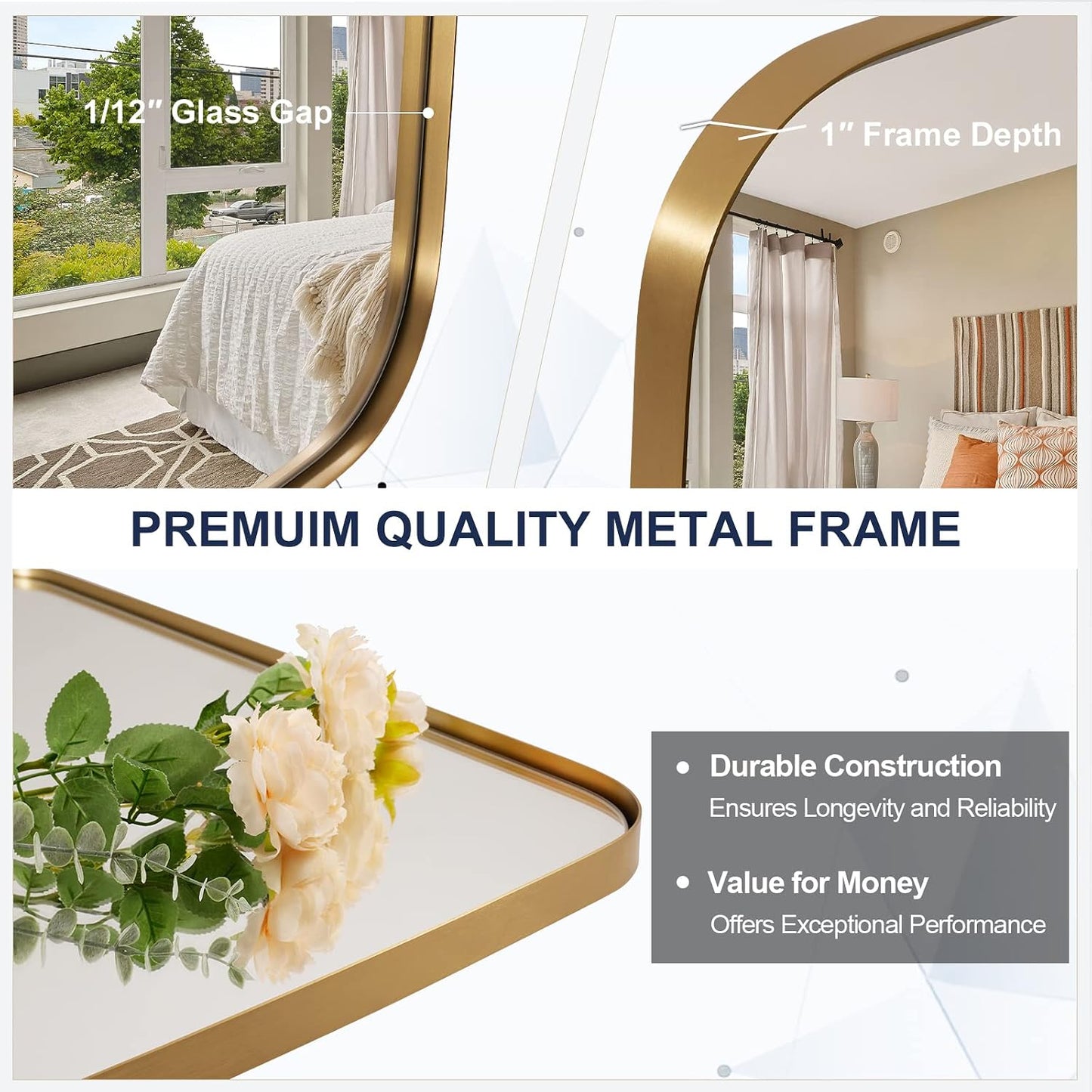 18x48 Full Length Wall Mirror, Brushed Gold Oblong Shaped Body Mirror with Stainless Steel Metal Frame, Rounded Corner Design for Floor and Leaning
