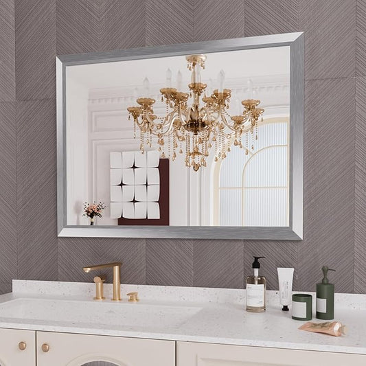 Amorho 48X36 Inch Bathroom Mirror Silver, Thick Metal Framed Wall Mirrors by Amorho
