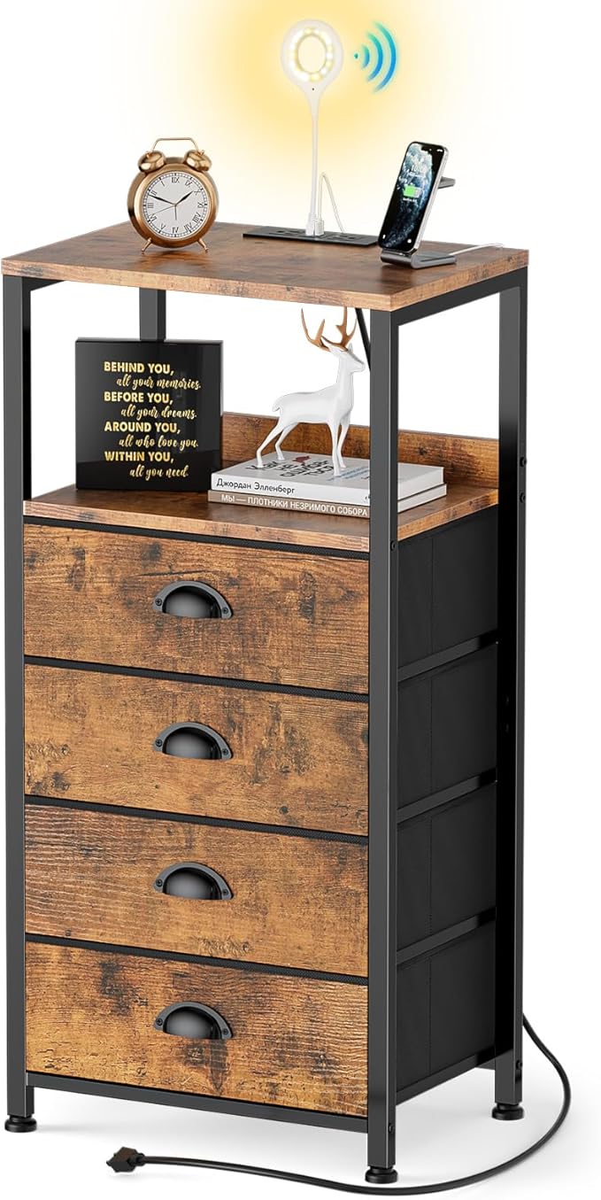 Night Stand with Charging Station & Voice Control LED Night Light, 4 Drawers by RVHOME