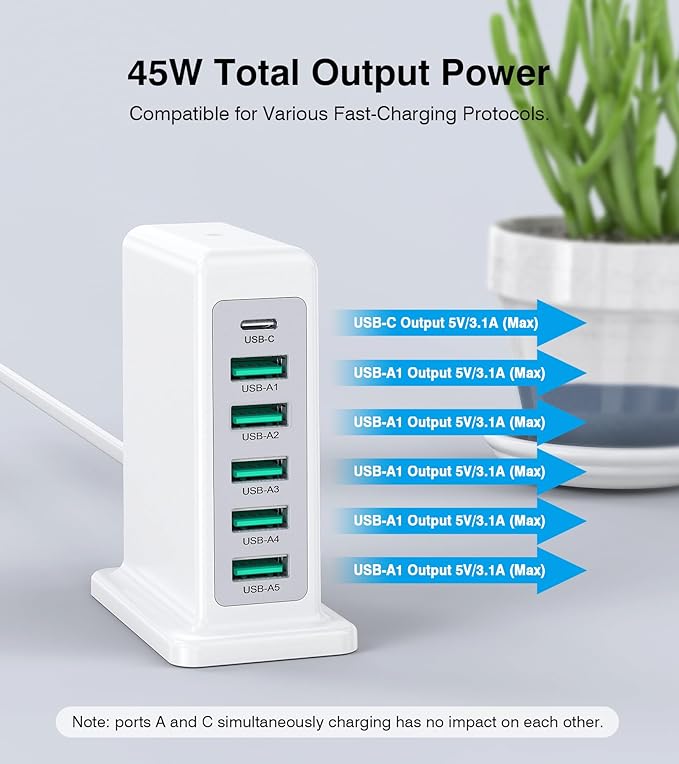 USB Charger Block, 45W 6-Port Charging Station - Image 3