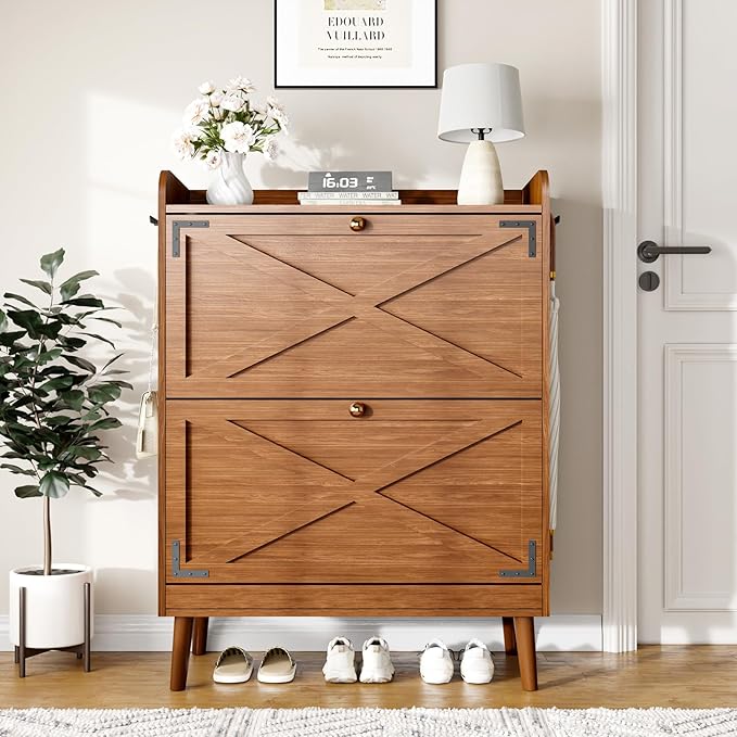 Shoe Storage Cabinet with 2 Flip Drawers & Adjustable Shelves, Narrow Shoe by Wanfuder