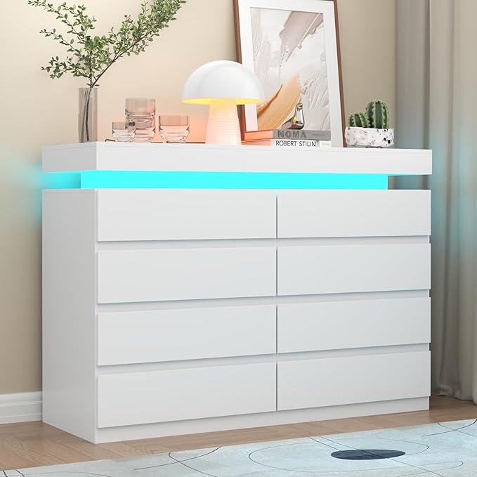 8 Drawer Dresser with Power Outlet, Dresser with LED Light, Modern Chest of by Gyfimoie