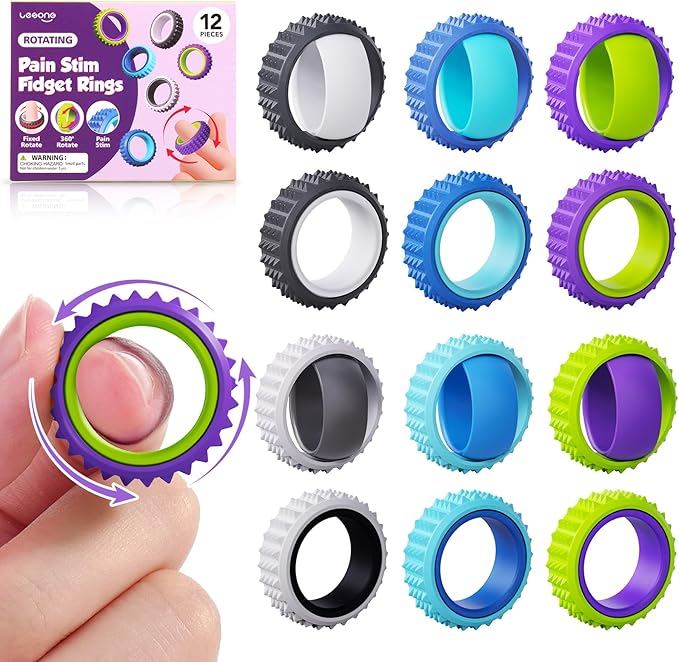 Fidget Toys Sensory Rings for Adults: 12 Pack Spiky Spinner Rings for Pain Stim by LESONG