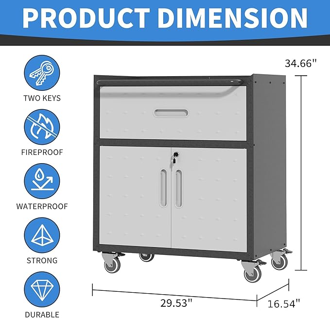 Metal Storage Cabinet with Wheels, Rolling Tool Cabinet with Adjustable Shelve - Image 3
