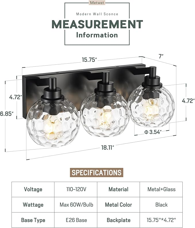 METWET Bathroom Light Fixtures Over Mirror, 3-Light Matte Black Vanity Light - Image 2