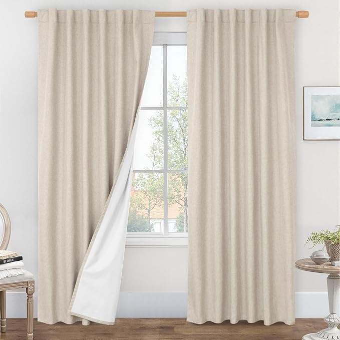 LAMIT Oatmeal 100% Blackout Linen Curtains, 84 Inch Linen Textured Living Room by LAMIT