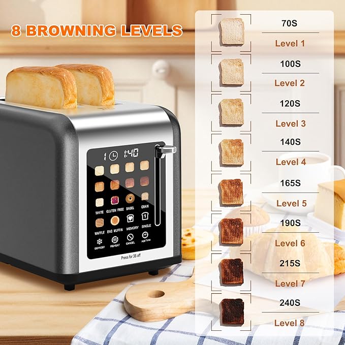 2 Slice Toaster Touch Screen, Stainless Steel Toasters Digital Timer 2 Slot - Image 4