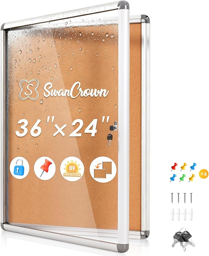 SWANCROWN Enclosed Bulletin Cork Board 36x24 in, Lockable Bulletin Board by SWANCROWN