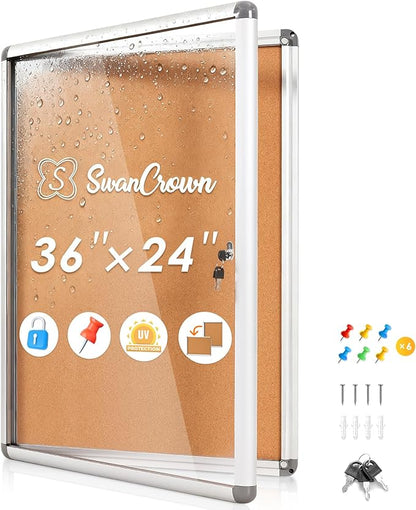 SWANCROWN Enclosed Bulletin Cork Board 36x24 in, Lockable Bulletin Board by SWANCROWN