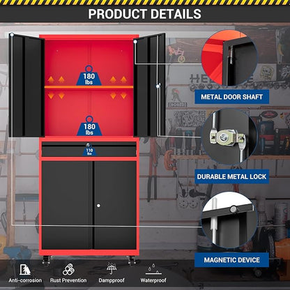 73" Metal Cabinet-Black & Red Heavy Duty Rolling Storage Cabinet Steel Tool - Image 6