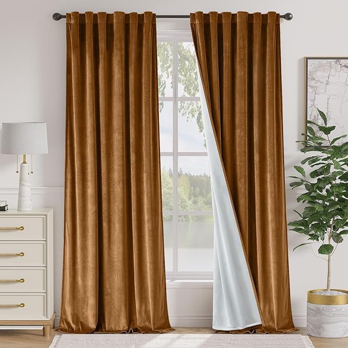 Lazzzy Gold Brown Blackout Velvet Curtains 84 Inch Long Thermal Insulated Room by Lazzzy