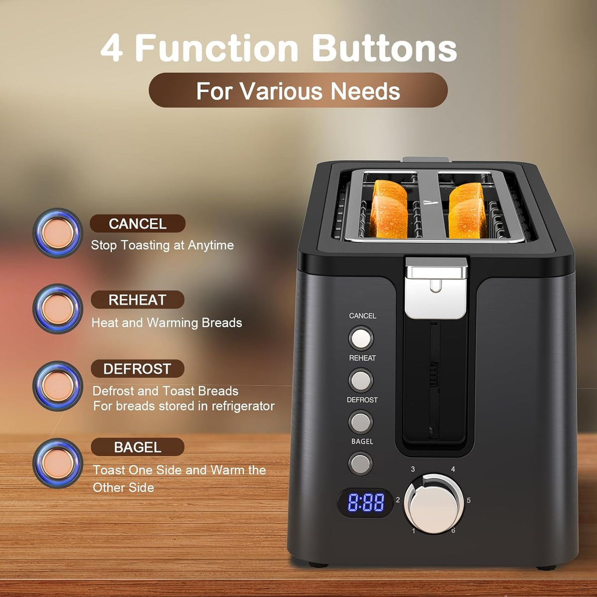 mecity 4 slice toaster, long slot toaster with showing dimensions