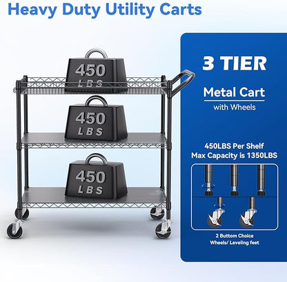 WDT 1350Lbs Capacity Heavy Duty Rolling Utility Cart, Large 3 Tier Rolling Carts - Image 3