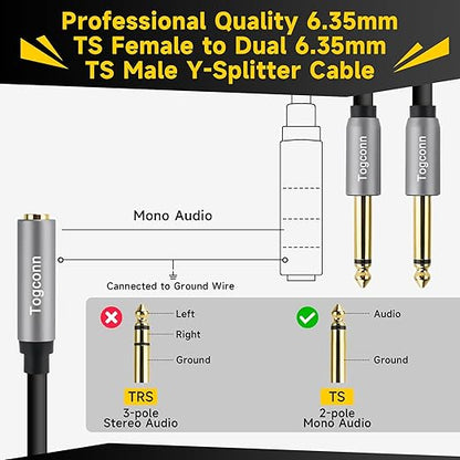 Togconn 1/4 inch TS Mono Splitter Y Adapter, 6.35mm Mono Female to Dual 6.35 mm - Image 3