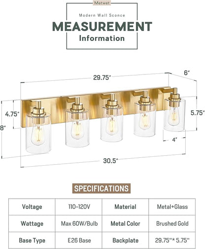 METWET 5-Light Bathroom Light Fixtures, 30 Inch Brushed Gold Vanity Light - Image 2