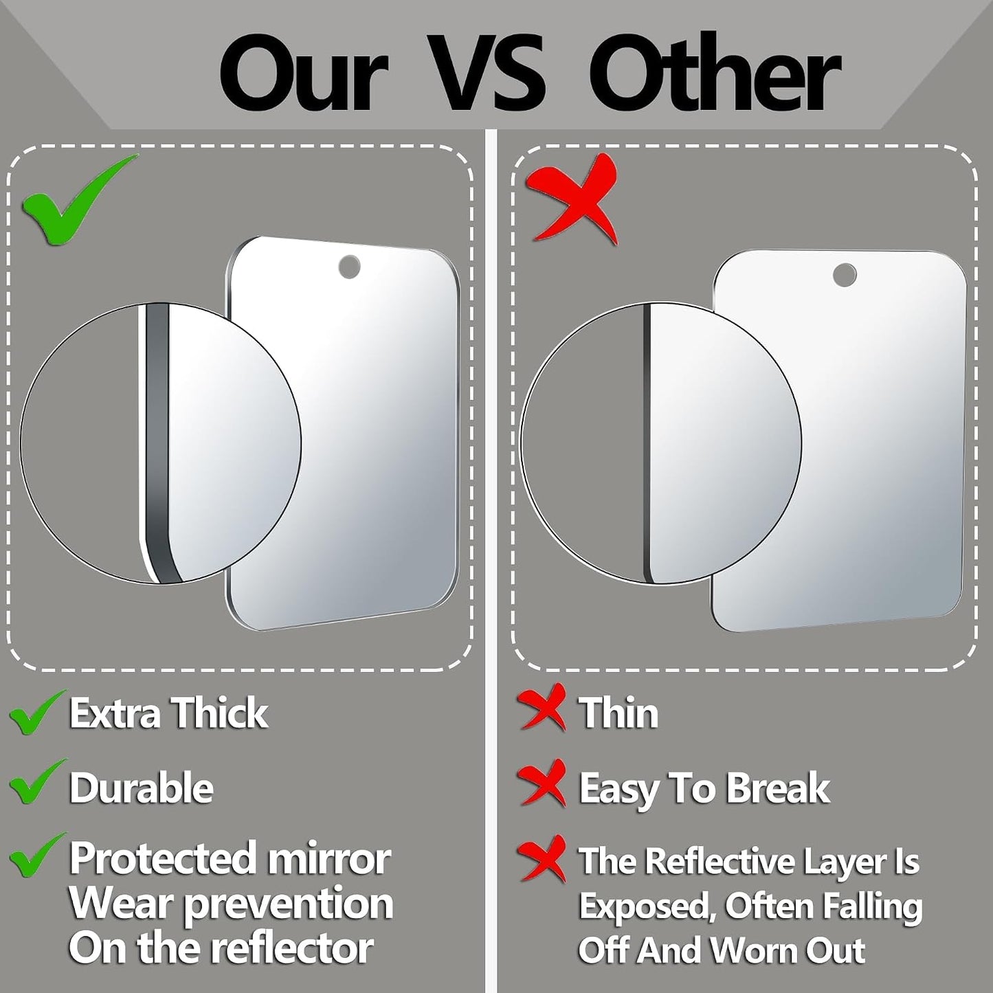 Shatterproof Shower Mirror Fogless for Shaving(Medium 8x6 inch), Unbreakable Deluxe Plexiglass Makeup Mirror with 2 Hooks, Locker Mirrors for Shower, Shower Mirror Fogless, Portable Handheld Camping