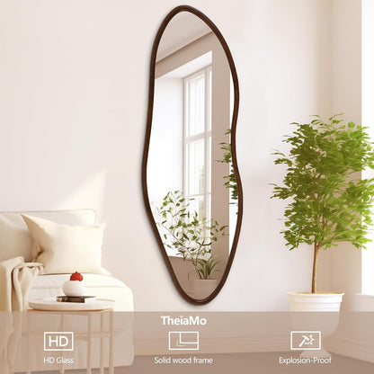 Irregular Full Length Mirror, 65"x22" Wood Full Body Mirror Walnut | HD Shatter-Proof, Large Asymmetrical Wall Mirrors for Decor, Bedroom Living Room Entryway Cloakroom, Horizontal/Vertical