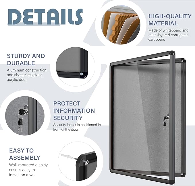 Enclosed Bulletin Board 36x24 in, Lockable Felt Board Bulletin Board - Image 3