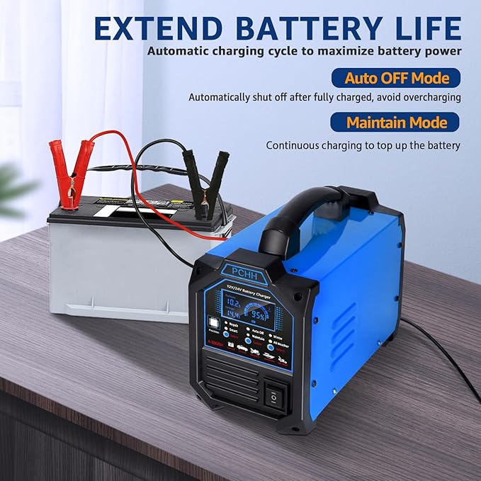 PCHH 12V 24V Car Battery Charger Heavy Duty, 0-15A Automatic Battery Maintainer - Image 4