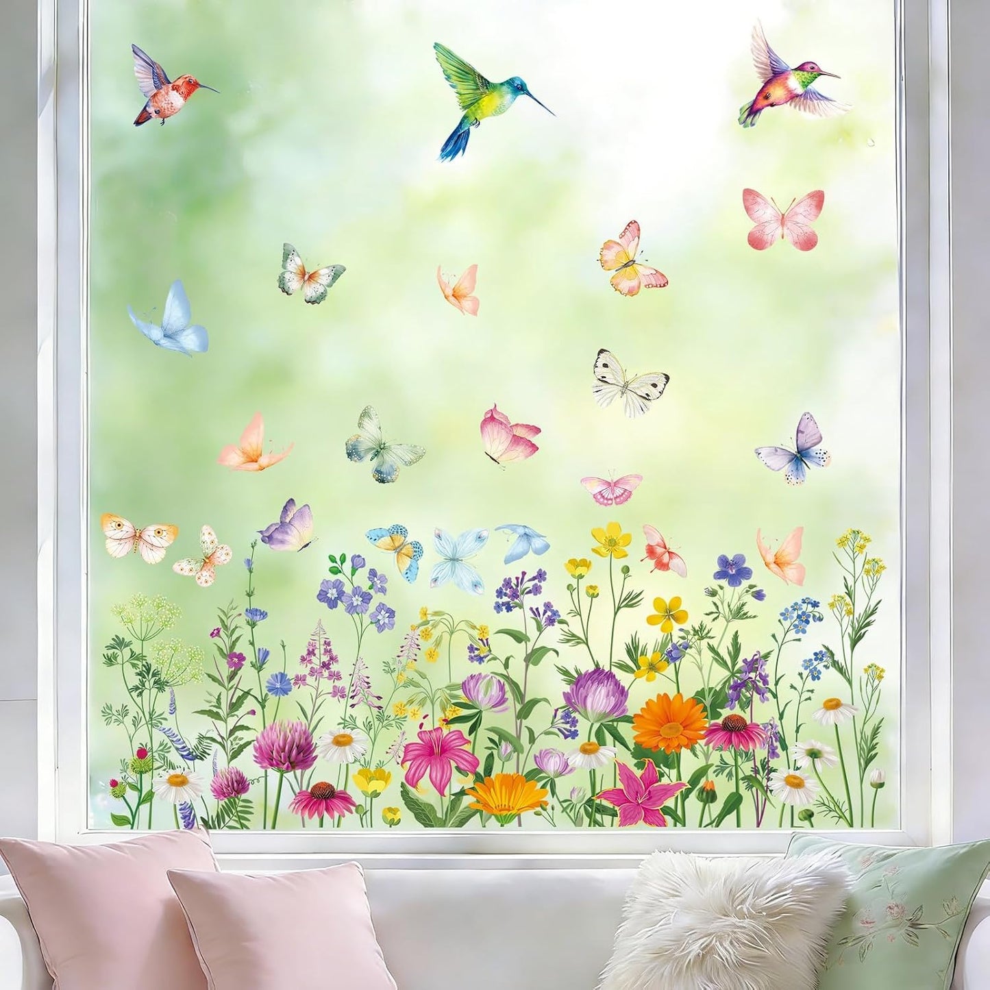 AhfuLife 9 Sheets Spring Window Clings, Larger Spring Flower Floral Butterfly Bird Window Stickers for Glass, Home, Office, School Party Decoration Spring Theme Supplies