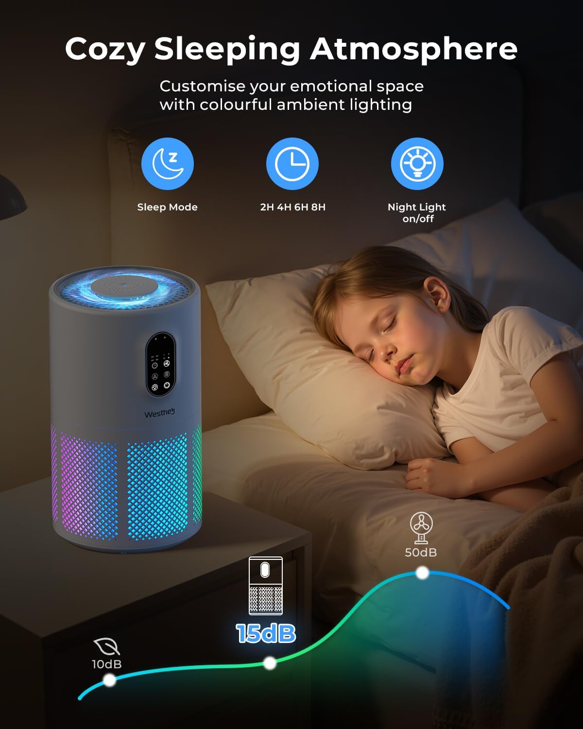 westhey h13 hepa air purifier for home up showing dimensions