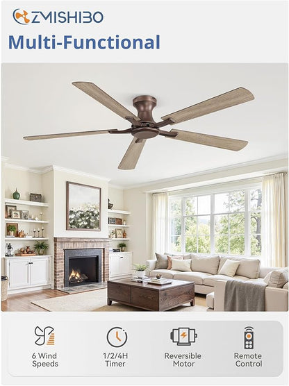 ZMISHIBO 60 Inch Ceiling Fan No Light, Flush Mount Low Profile, Farmhouse Brown - Image 2
