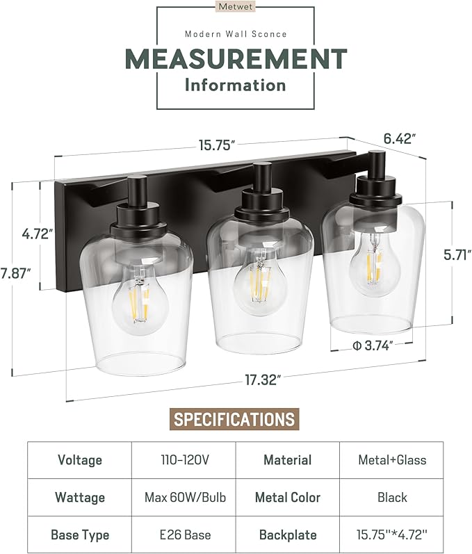 METWET Bathroom Light Fixtures, 3-Light Modern Vanity Light - Image 3