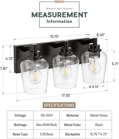 METWET Bathroom Light Fixtures, 3-Light Modern Vanity Light - Image 3