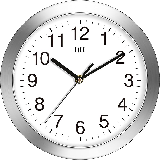 HITO 10 Inch Silent Wall Clock Battery Operated Non Ticking Glass Cover Silver by hito