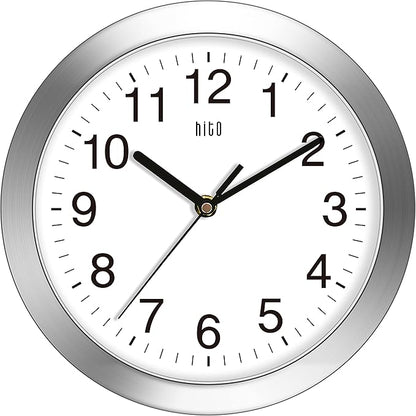 HITO 10 Inch Silent Wall Clock Battery Operated Non Ticking Glass Cover Silver by hito