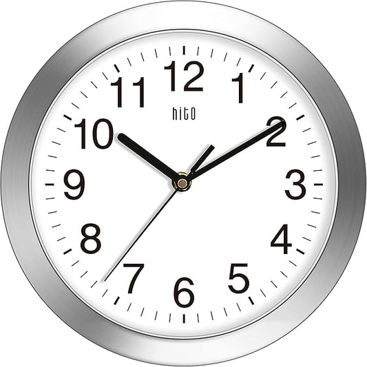 HITO 10 Inch Silent Wall Clock Battery Operated Non Ticking Glass Cover Silver by hito