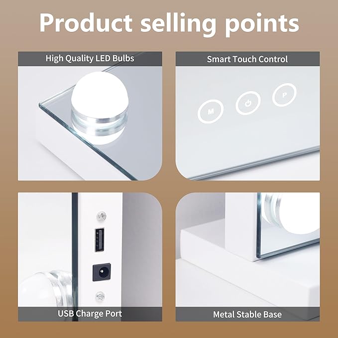 Vanity Mirror with Lights, Makeup Mirror with 17 Dimmable LED Bulbs, 3 Color - Image 4