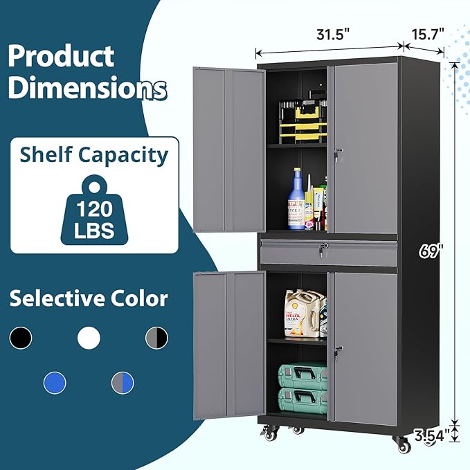 MIIIKO Storage Cabinet with Wheels, Metal Garage Cabinet with Drawer and Doors - Image 3