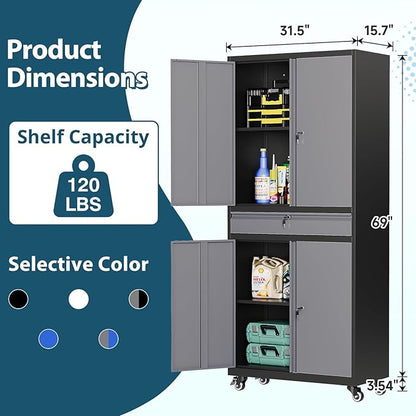 MIIIKO Storage Cabinet with Wheels, Metal Garage Cabinet with Drawer and Doors - Image 3