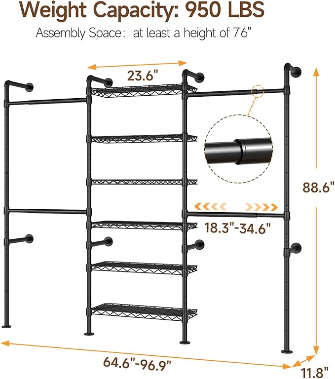 ONBRILL H3 Wall Mounted Closet System, Expandable Industrial Pipe Clothes Rack - Image 2