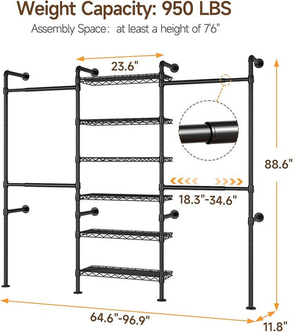 ONBRILL H3 Wall Mounted Closet System, Expandable Industrial Pipe Clothes Rack - Image 2