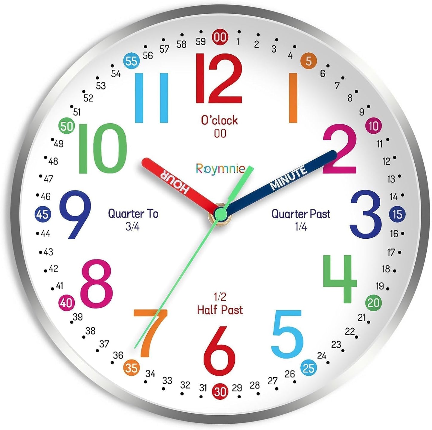 Roymnie Wall Clock for Kids Learning Battery Operated Teaching Silent 8" | Learning to Tell Time Easily Non Ticking Analog Colorful Teaching Time Clock Decorative for Kids Room Classroom School Modern
