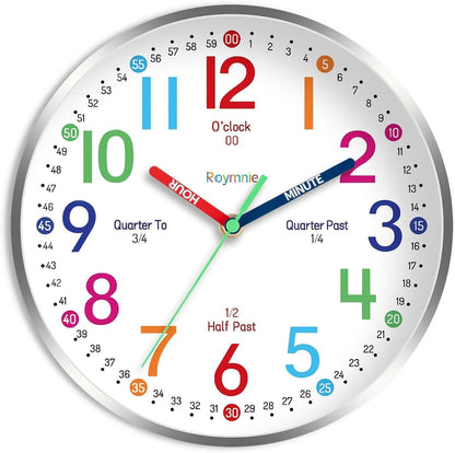 Roymnie Wall Clock for Kids Learning Battery Operated Teaching Silent 8" | Learning to Tell Time Easily Non Ticking Analog Colorful Teaching Time Clock Decorative for Kids Room Classroom School Modern