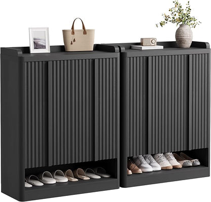 Fluted Shoe Cabinet, 25 Pair Shoe Storage Organizer Cabinet, Mid-Century Wooden by YANSNWO