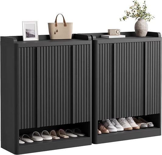 Fluted Shoe Cabinet, 25 Pair Shoe Storage Organizer Cabinet, Mid-Century Wooden by YANSNWO