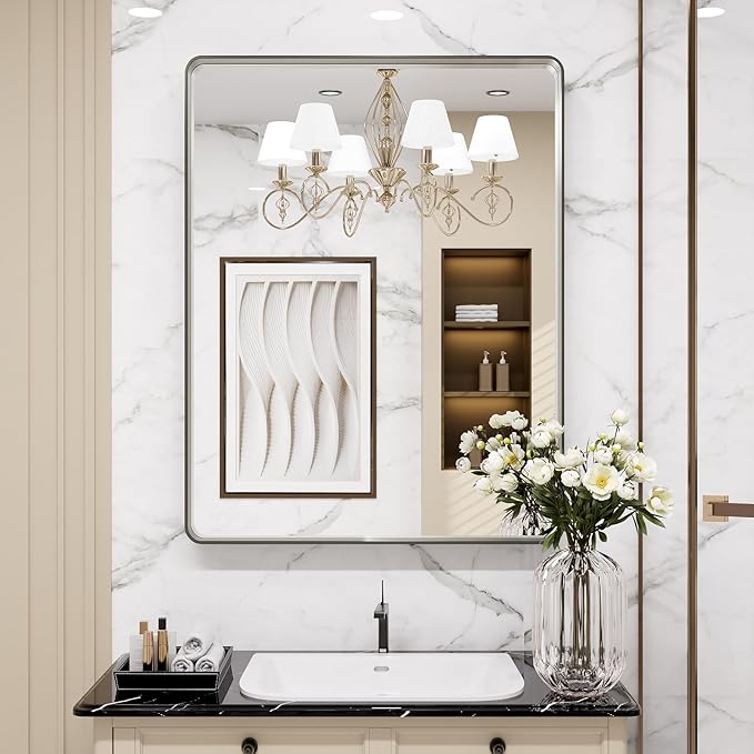 LOAAO 28X36 Inch Brushed Nickel Bathroom Mirror, Rounded Rectangle Silver Metal - Image 8