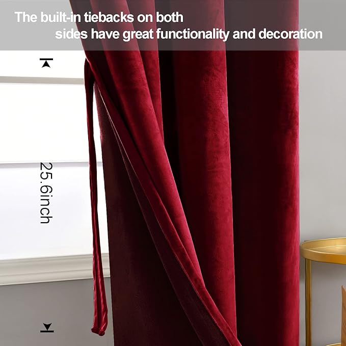 JIUZHEN Wine Red Velvet Curtains 96 inches Blackout Curtains - Image 3