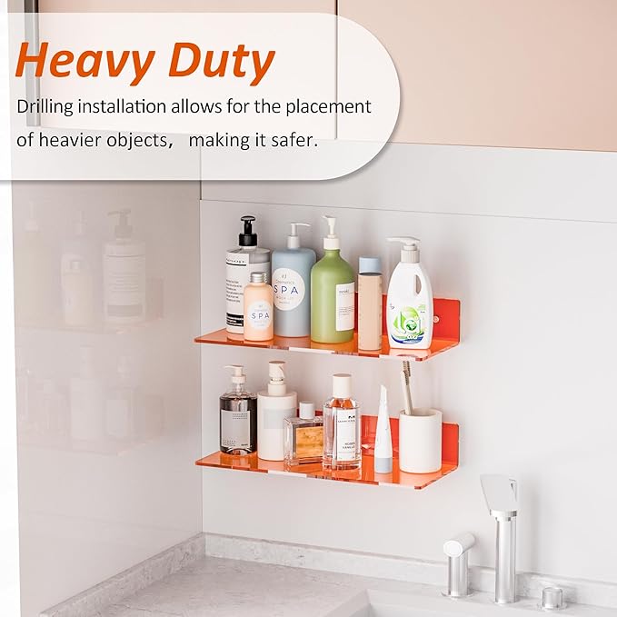 15 Inches Orange Acrylic Wall Shelves 2 Pack, L Shape Floating Shelf, Perspex - Image 3